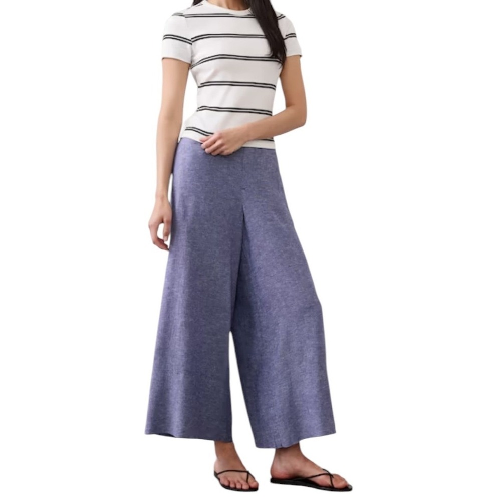 Banana Republic Linen Cropped Pants Wide Leg Coastal Nautical Blue Small Petite‎